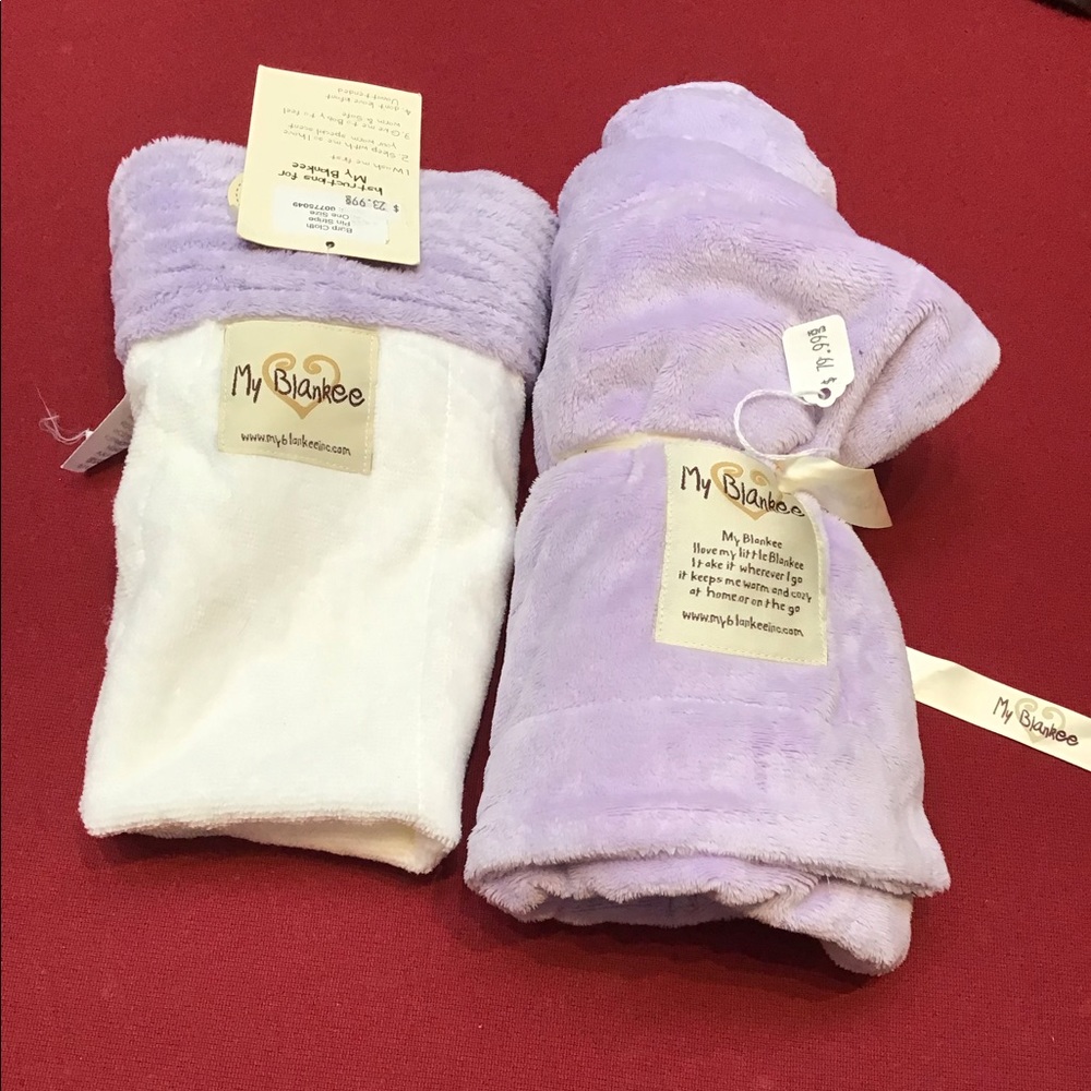 New My Blankee lavender baby blanket with white and lavender burp cloth